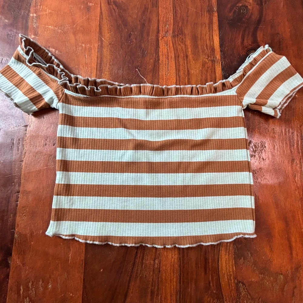 Nectar Clothing Womens Brown Mint Striped Off Shoulder Ribbed Crop Top NCT2462 S